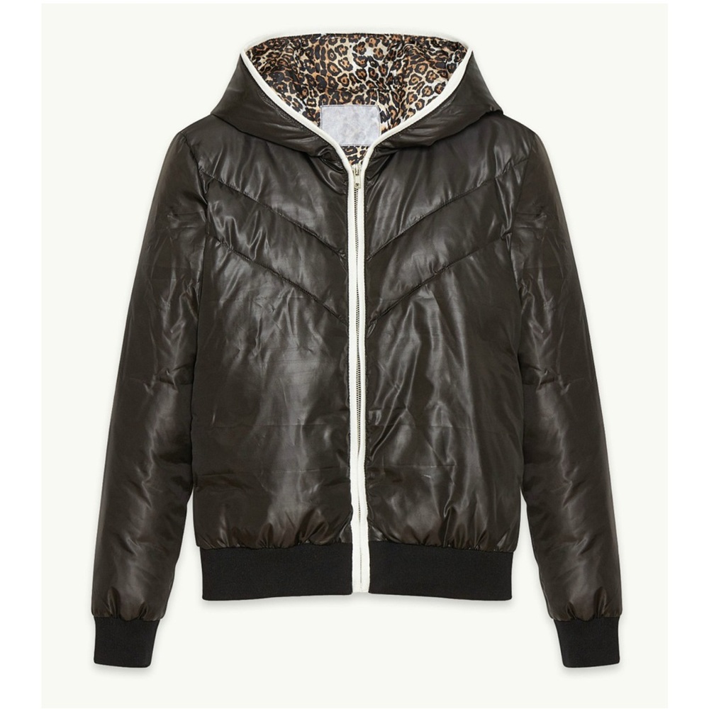 Maje black puffer jacket with leopard interior and hood XS